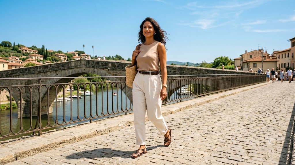 Latte Silk Top & White Cotton Chino Pants